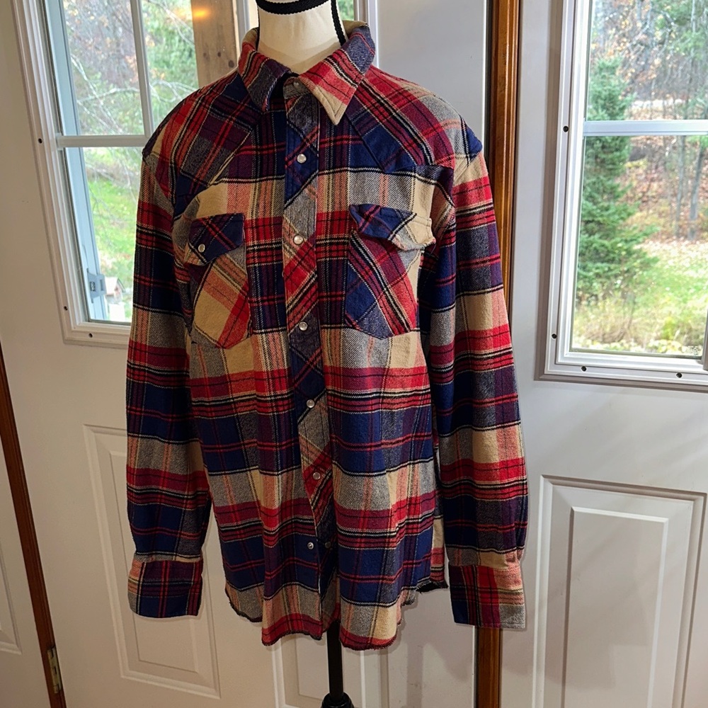 Wrangler Men's Flannel Plaid Shirt - Red, Blue, and Tan - Picture 1 of 8